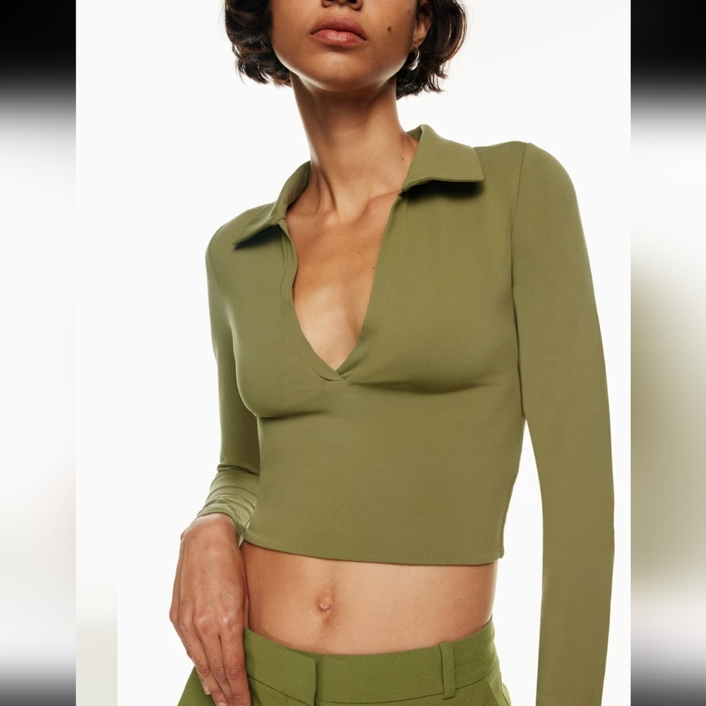 BABATON | Women's Olive Green Sleek Long Sleeved Polo Contoured Cropped Shirt